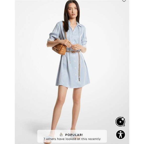 MICHAEL Michael Kors Blueberry Pinstripe Logo Gold Belted Minidress Size S NWT - Picture 2 of 12